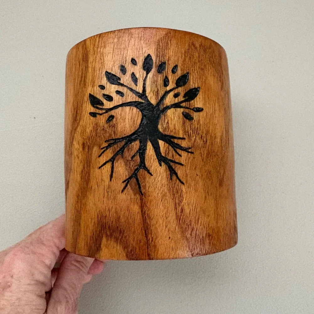 Handmade Wood Burned Tree of Life & Green Man Wooden Cup Vessel‎ 4.5